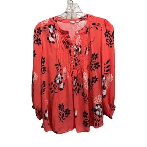 Gap Orange/Black/White Floral Blouse 3/4 Sleeve Size S Pleated‎ Button Up